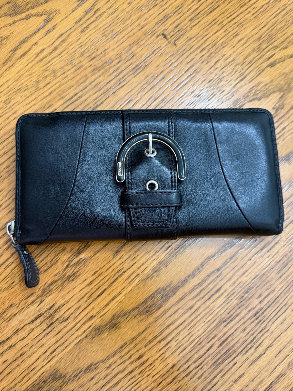 Y2K Coach Black Leather Zip Wallet with Silver-Enamel Buckle